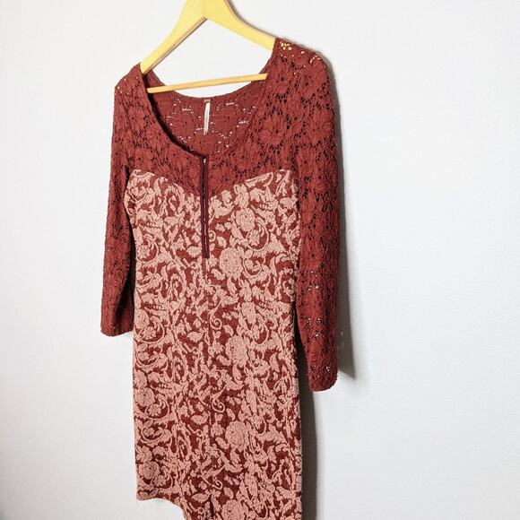 Free People Red Lace Long Sleeve Floral Mini Dress - Picture 2 of 9